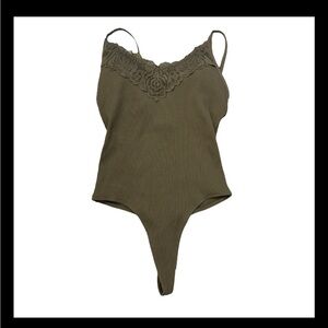 NWT Victoria’s Secret PINK Ribbed Lace Thong Bodysuit Tank Top Green Size Medium